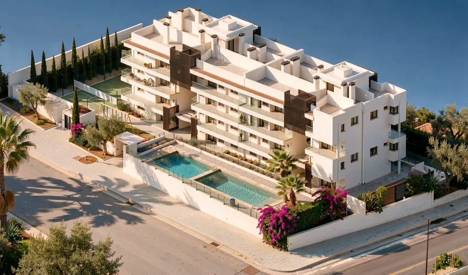 ABA Homes Playa — edificio de obra nueva de 28 viviendas con piscina, pádel y zonas verdes en Santa Rosa, Torrox-Costa